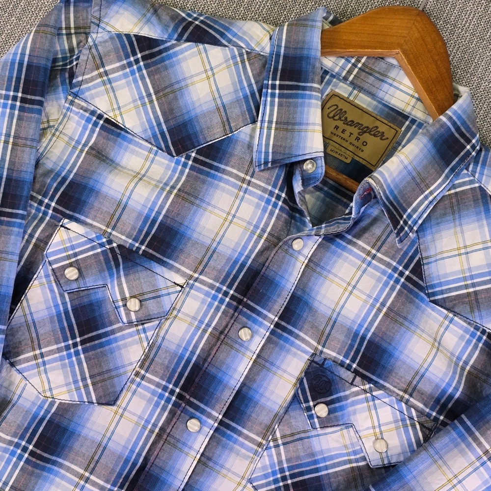 Wrangler Retro Western Pearl Snap Shirt Mens L Blue Plaid Button-Up Cowboy Retro